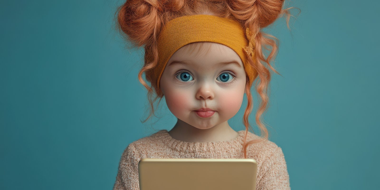 Child with curly red hair and blue eyes holding a device while wearing a cozy sweater against a pastel blue background